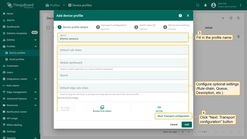 Fill up the profile name (mandatory) and configure optional settings (Rule chain, Queue Name, Description). Once you are ready press "Next: Transport configuration" button
