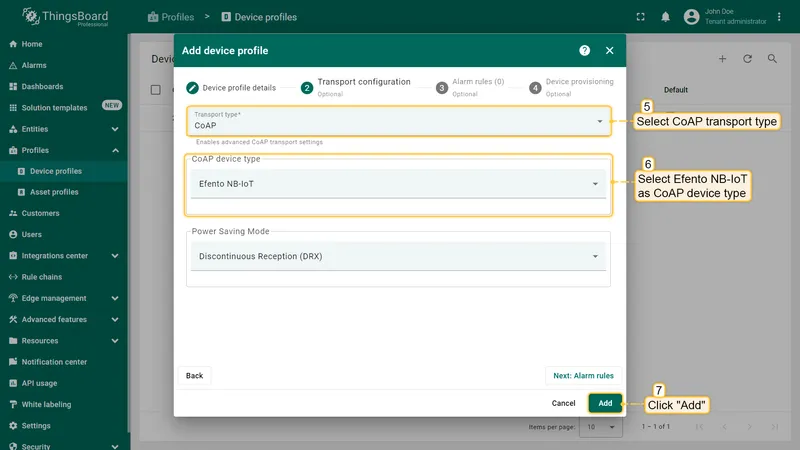 From the dropdown menu in the "Transport type" field select "CoAP", and from the dropdown menu in "CoAP device type" field select "Efento NB-IoT", click "Add" button to confirm adding new device profile