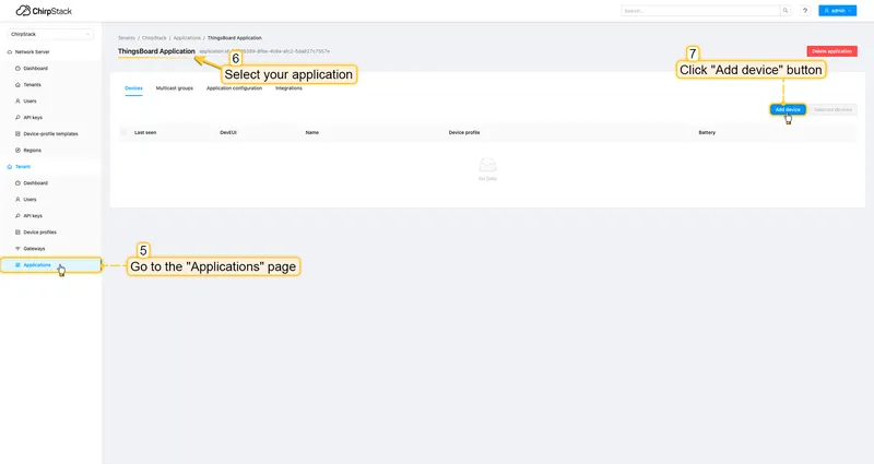 Go to the **Applications** page, click on your application and press **Add device** button.