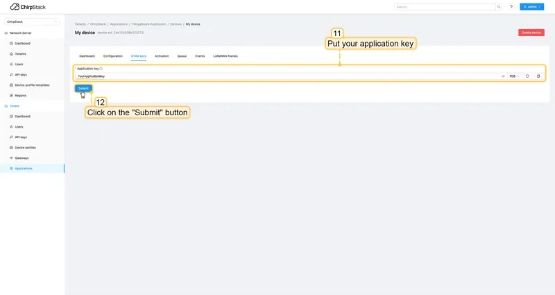 Put your **Application key** to the field and click on **Submit** button to save the device.