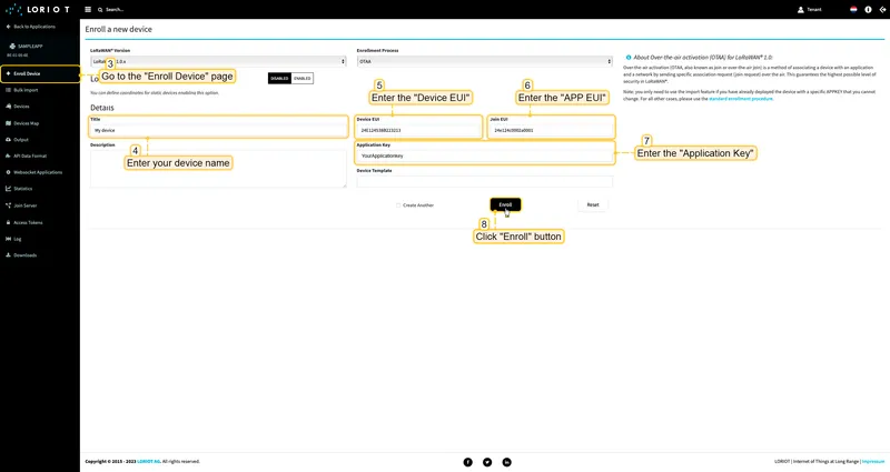 Go to the "**Enroll Device**" page. Fill in the fields, with a configuration from your device. Then click the "**Enroll**" button.