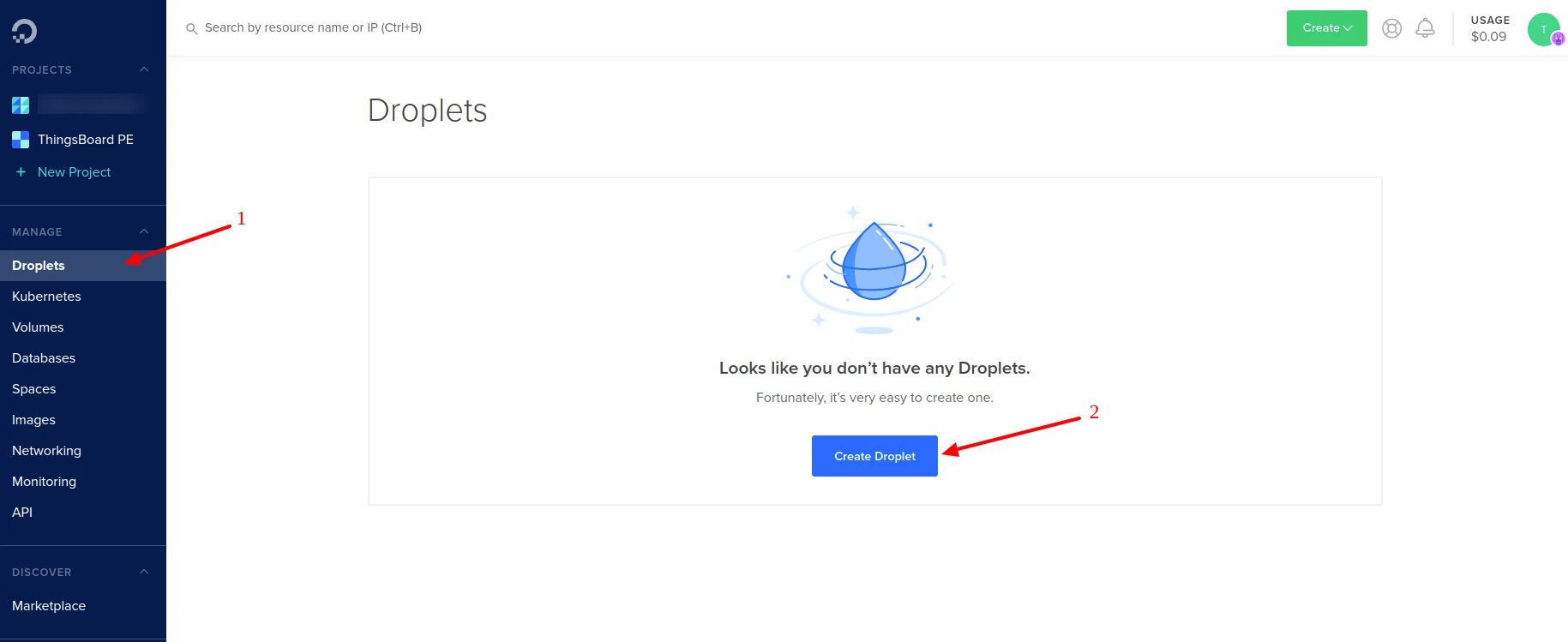 Create Droplet button