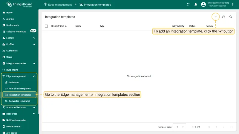 Integration templates page — click Add