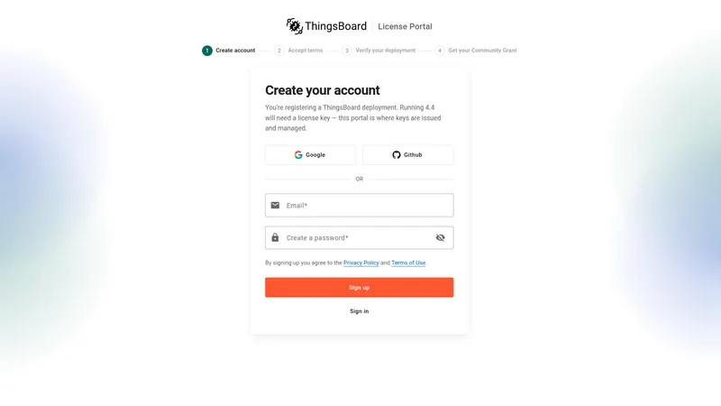 License Portal Create your account page with Google, GitHub, and email sign-up options