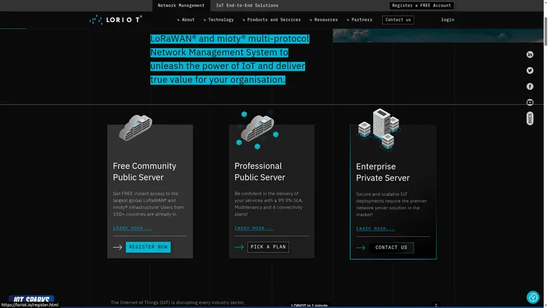 LORIOT website showing three server options: Free Community Public Server, Professional Public Server, and Enterprise Private Server