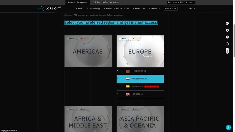 LORIOT region selection page showing Americas, Europe, Africa & Middle East, and Asia Pacific & Oceania