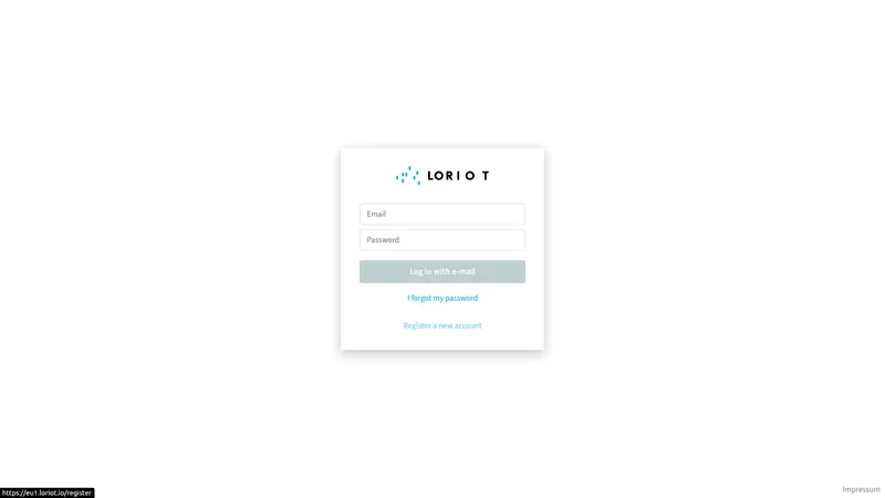 LORIOT login page with Email and Password fields and a Register a new account link