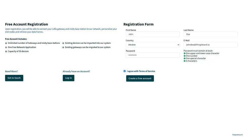 LORIOT Free Account Registration form with First Name, Last Name, Country, E-Mail, and Password fields