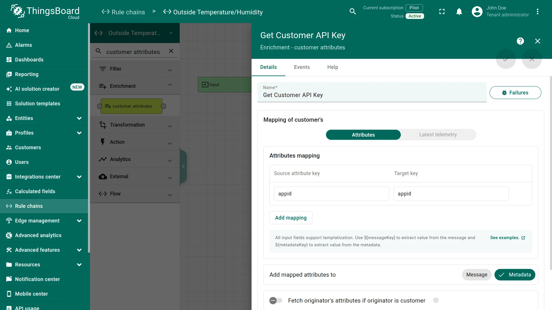 Get Customer API Key rule node configuration