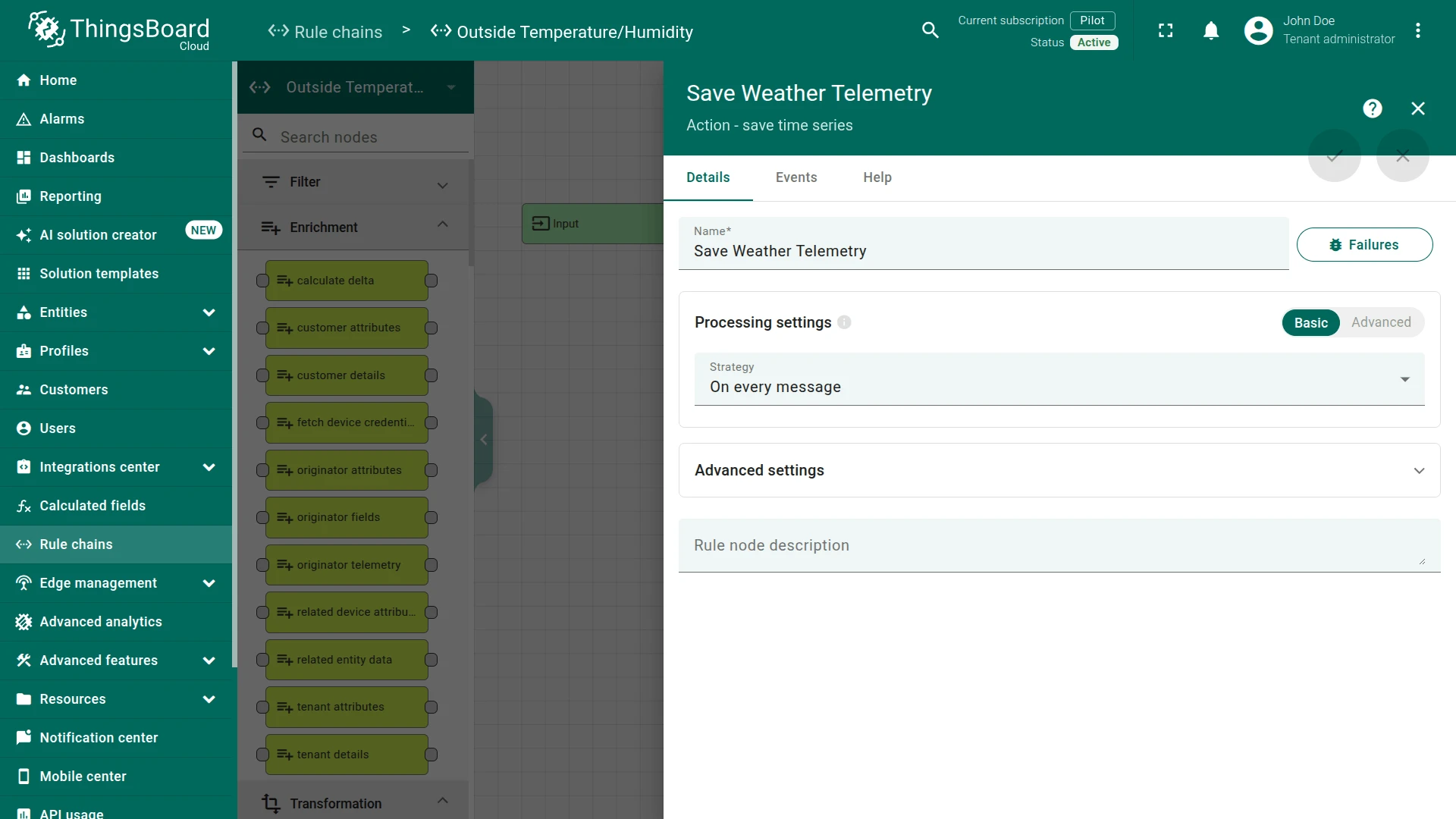 Save Weather Telemetry rule node configuration