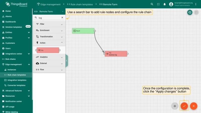 Rule chain editor with nodes configured and Apply changes button (PE)