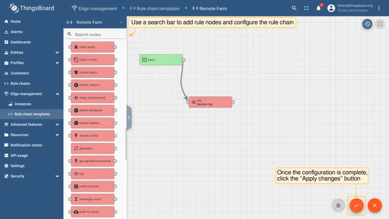 Rule chain editor with nodes configured and Apply changes button