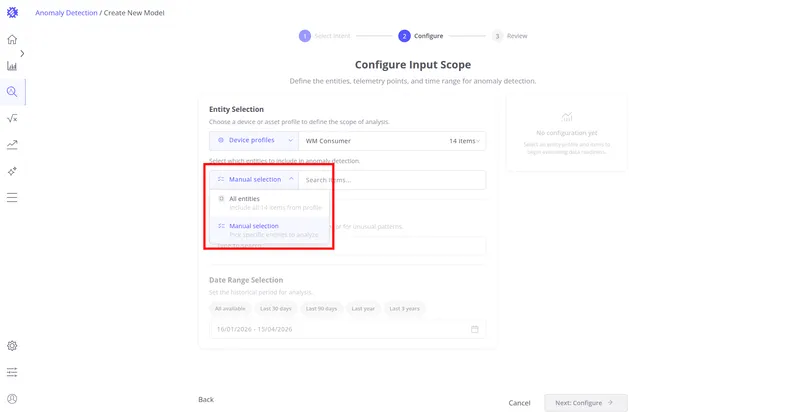 Items mode dropdown open showing All entities and Manual selection options