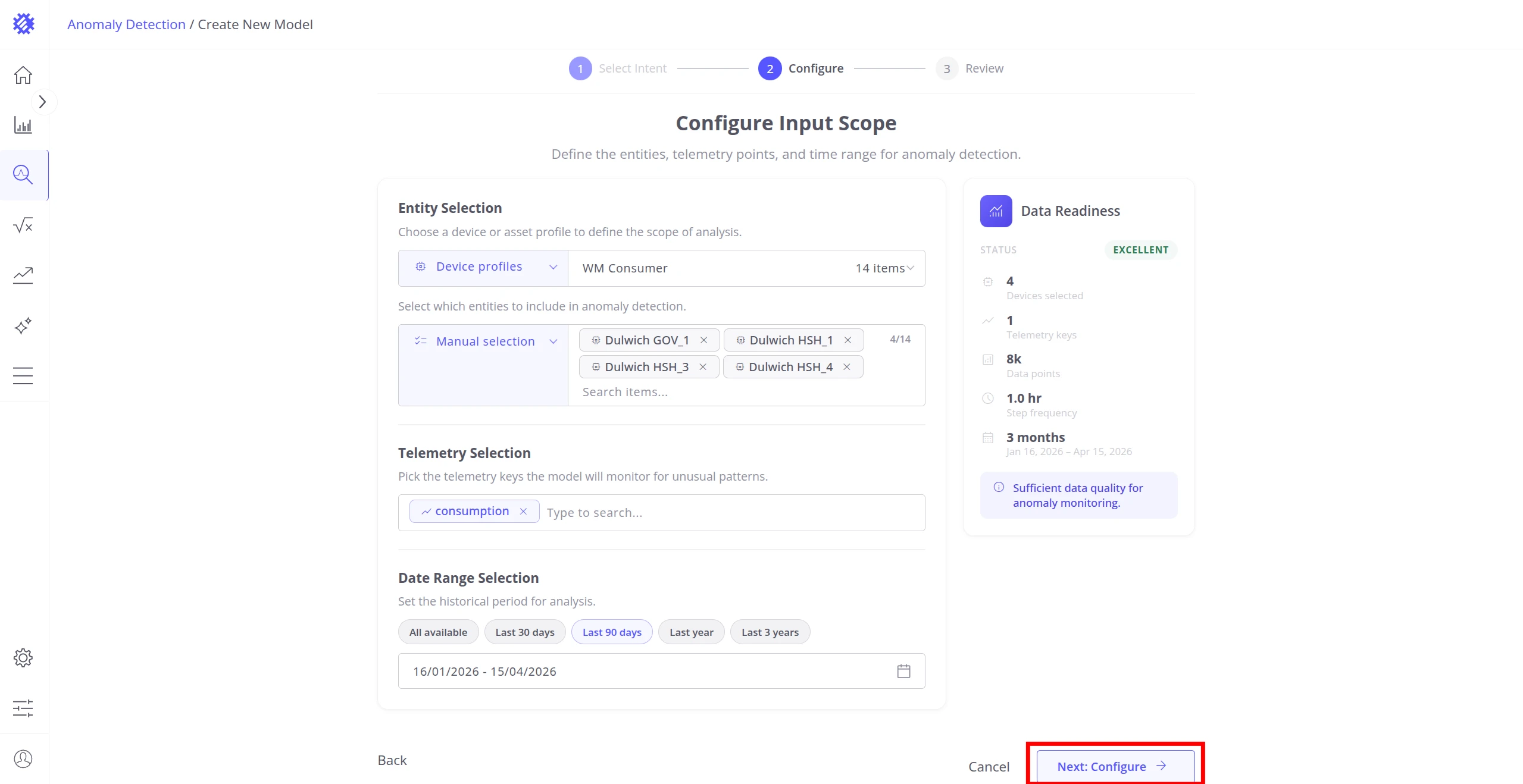 Configure step with "Next: Configure" button highlighted in the bottom-right corner