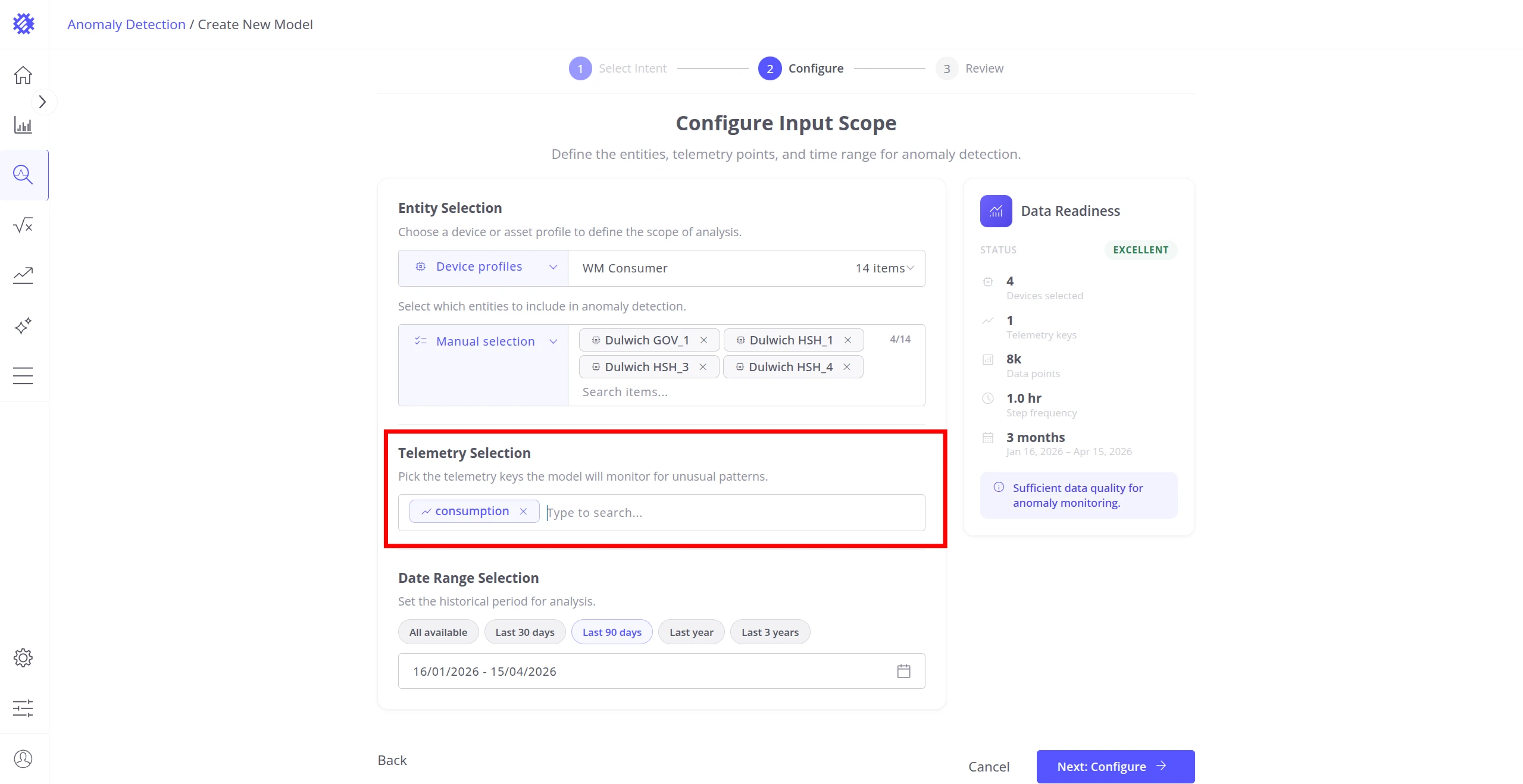 Configure step with Telemetry Selection field highlighted and a consumption key added