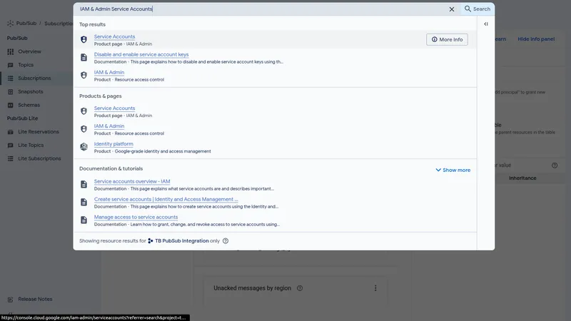 GCP search results for "IAM & Admin Service Accounts" showing the Service Accounts product page