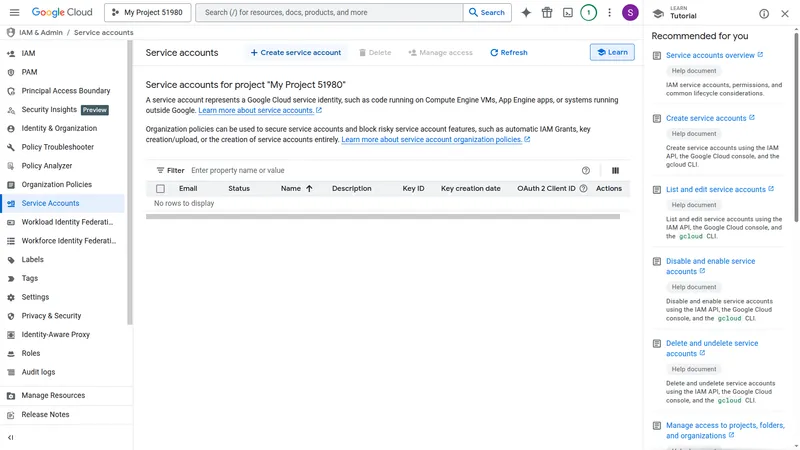 GCP IAM & Admin Service accounts page with Create service account button