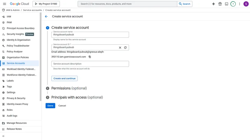 Create service account — step 1: Service account name set to thingsboard-pubsub