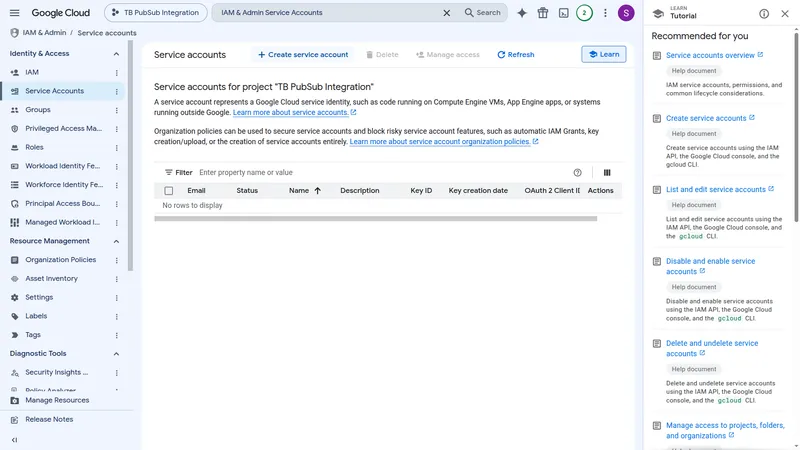 GCP Service accounts page, empty list, with Create service account button