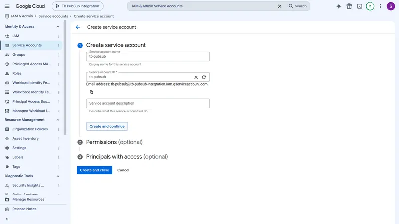 Create service account — step 1: Service account name set to tb-pubsub