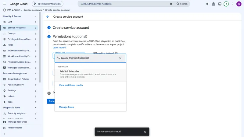 Create service account — Permissions step with role search showing Pub/Sub Subscriber