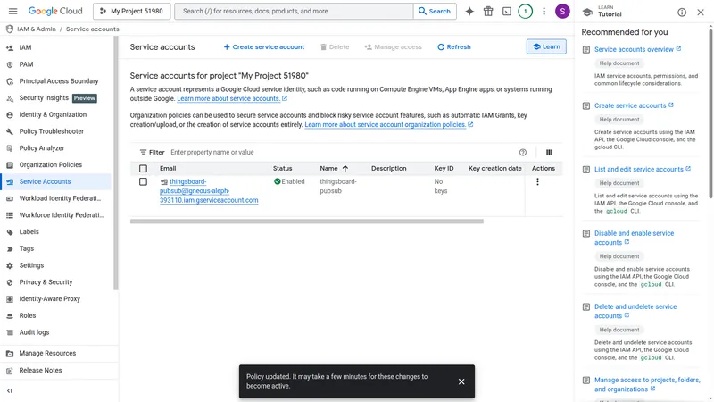 Service account details page — Keys tab with Add key button