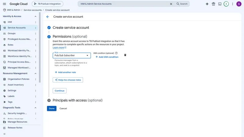 Create service account — Permissions step with Pub/Sub Subscriber role assigned and Continue button