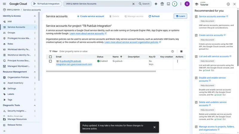 Service accounts list showing tb-pubsub account with status Enabled