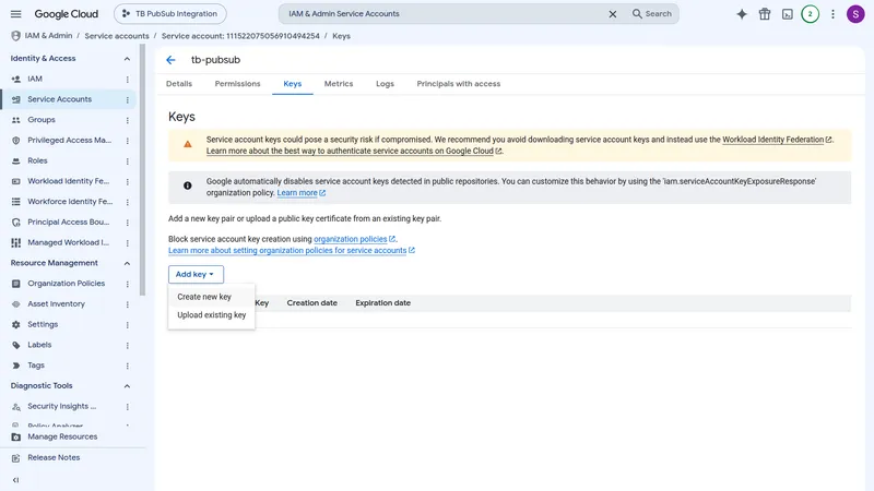 Service account Keys tab with Add key dropdown showing Create new key and Upload existing key