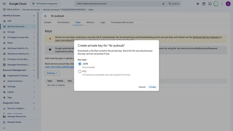 Create private key dialog — JSON key type selected