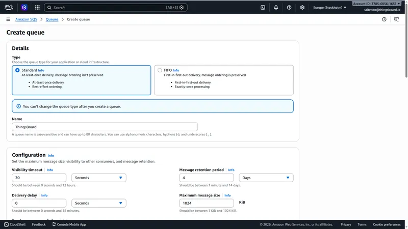 Create queue — Details section: Standard type selected, Name set to ThingsBoard, Configuration parameters