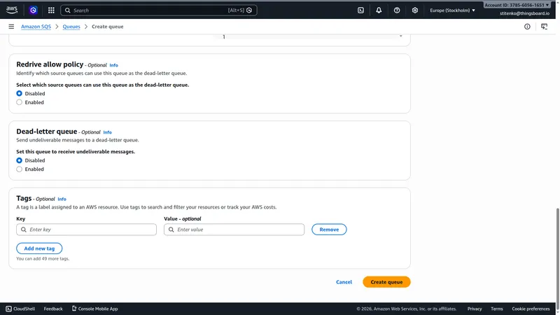 Create queue — Dead-letter queue and Tags sections, Create queue button at bottom