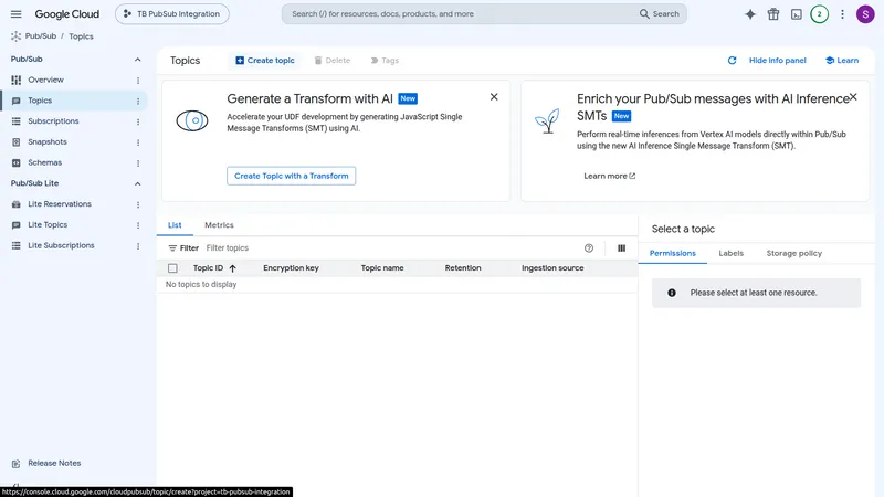 GCP Pub/Sub Topics list page with Create topic button