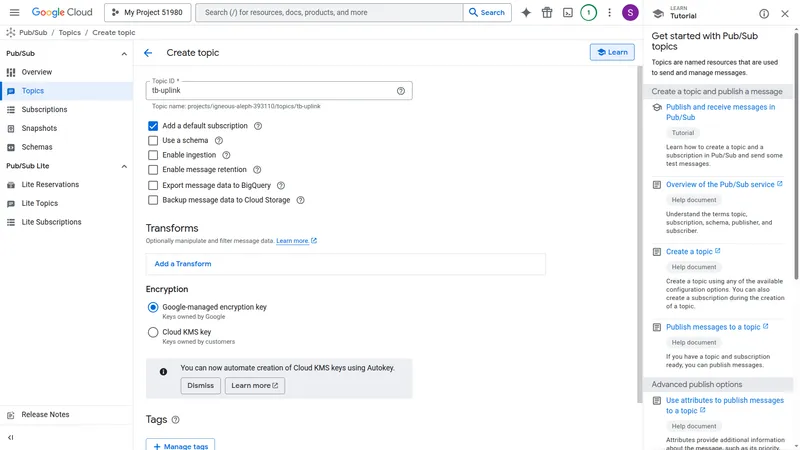 Create topic form with Topic ID field set to tb-uplink