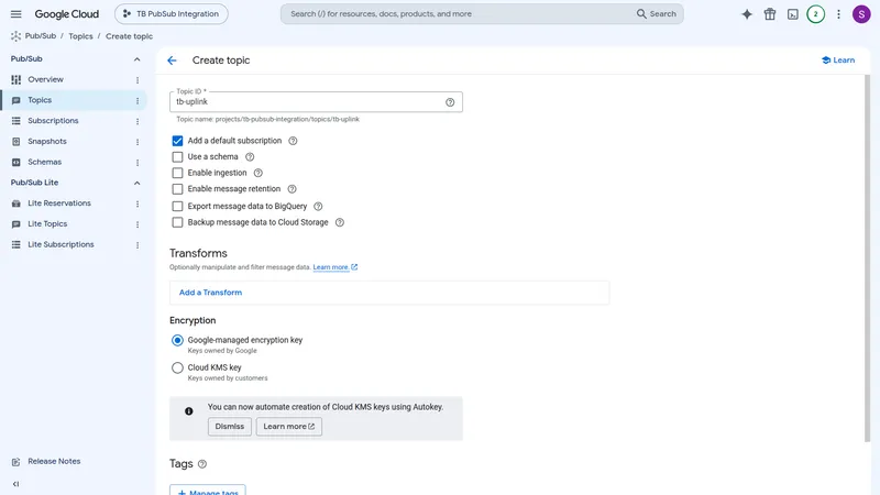 Create topic form with Topic ID field set to tb-uplink and Add a default subscription checked