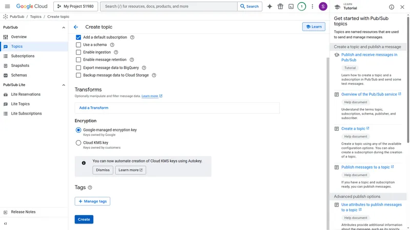Topic tb-uplink details page showing the Subscriptions tab with Create subscription button