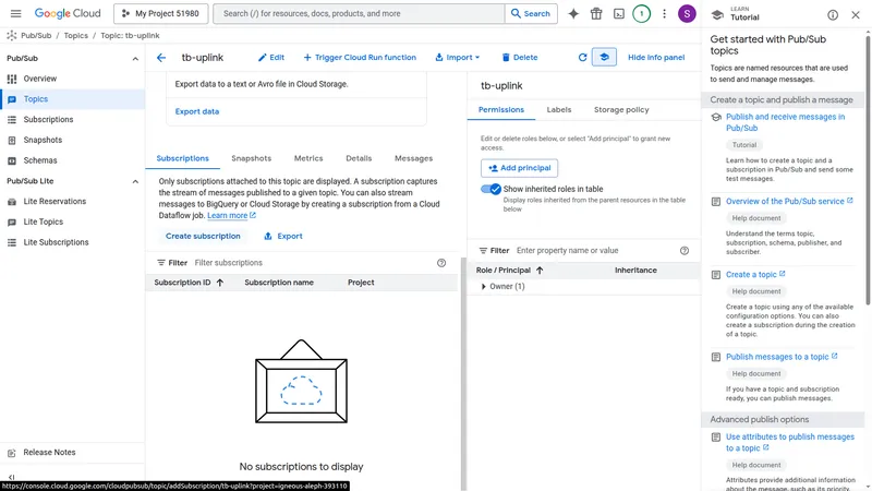 Create subscription form — Subscription ID tb-uplink-sub, Delivery type Pull selected
