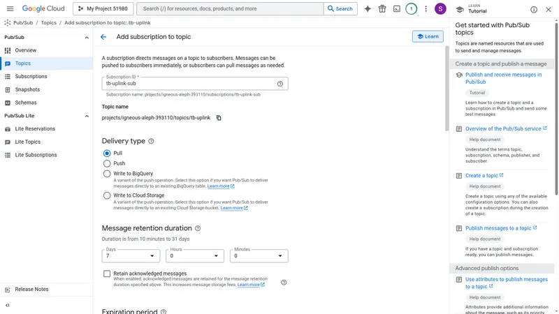 Create subscription form — message retention and acknowledgement deadline settings