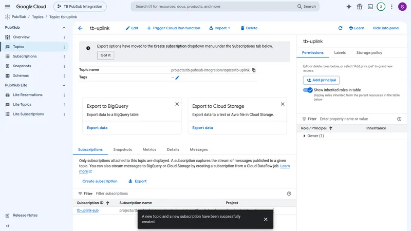 Topic tb-uplink details page showing the Subscriptions tab with the automatically created tb-uplink-sub subscription