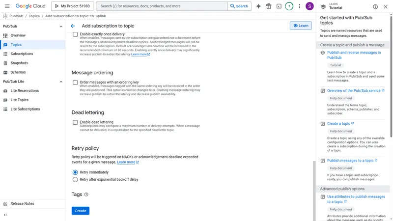 Topic Subscriptions tab listing tb-uplink-sub with Pull delivery type
