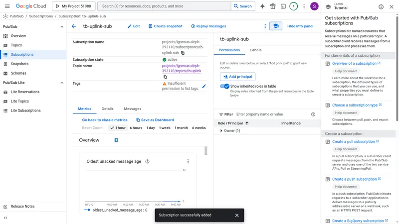 Subscription tb-uplink-sub details page showing topic, delivery type, and status