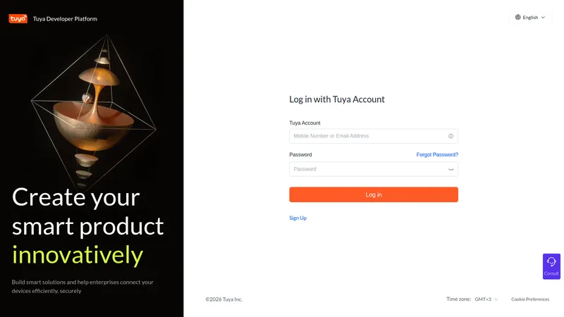 Tuya Developer Platform login page with the Sign Up option