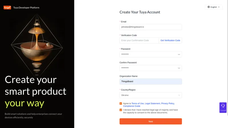 Tuya Developer Platform account registration form