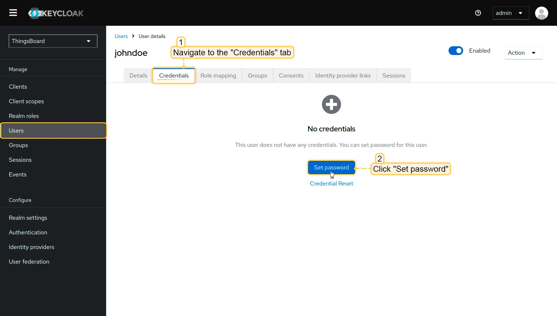 Keycloak user Credentials tab