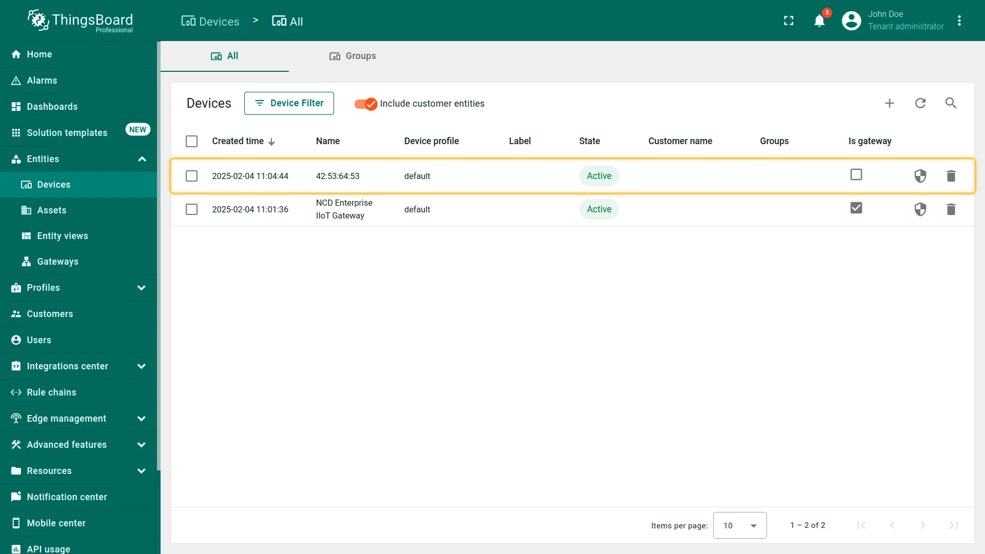 Now, return to the **ThingsBoard** platform. You will notice that a new device has been automatically added, identified by its **MAC address**. Both the **Enterprise IIoT Gateway** and the **Sensor device** will show an **Active** state. The system will automatically update the device status based on the sensor’s communication.
