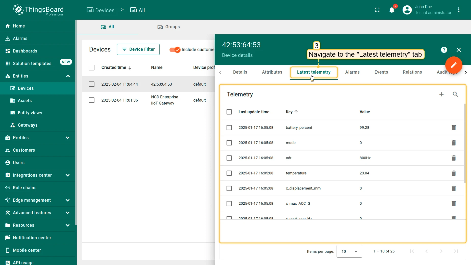 You can also view the latest sensor telemetry under the "**Latest telemetry**" tab.