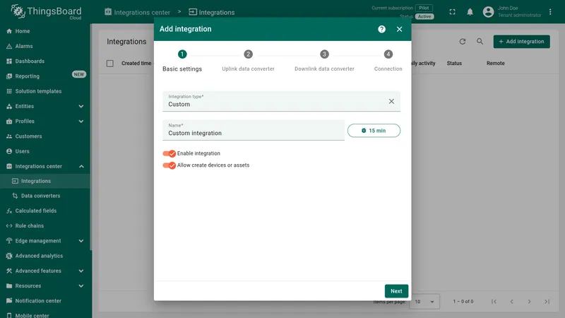 Add integration wizard — Basic settings: Integration type Custom, name Custom Integration, Enable integration and Allow create devices or assets toggled on
