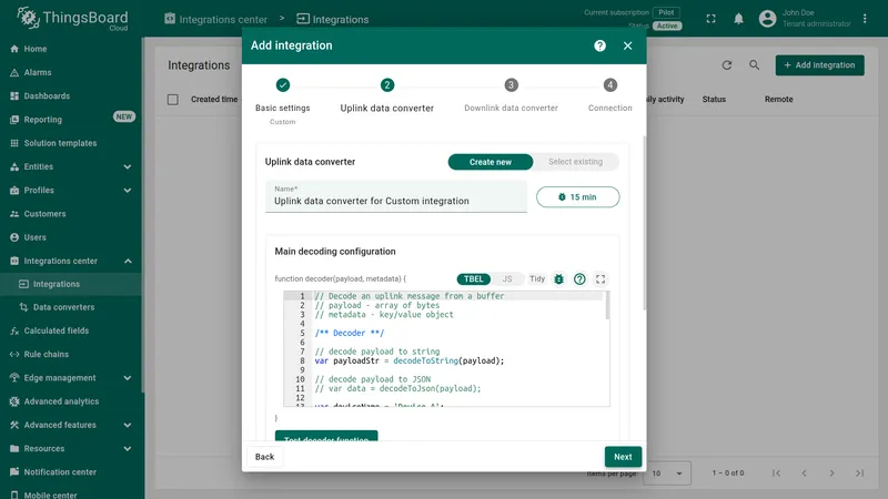 Add integration wizard — Uplink data converter step: Create new selected, name pre-filled, TBEL decoder editor open with Test decoder function button