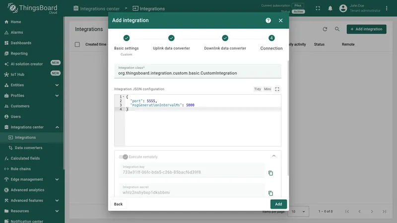 Add integration wizard — Connection step: Integration class and JSON configuration filled, Execute remotely enabled, Integration Key and Integration Secret fields shown