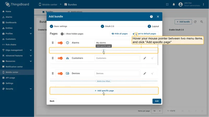 + Add specific page button highlighted in the layout menu